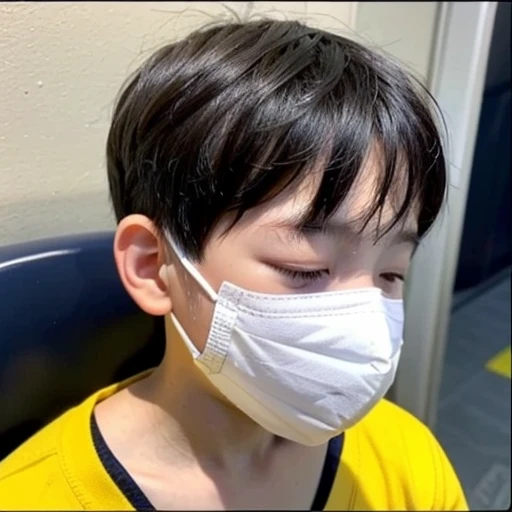Handsome kindergarten boy with infectious disease、Appearance of suffering. He is wearing a white mask. He has a high fever. he is sleeping. He has a cough. He is exhausted. He is taking his temperature with a thermometer. He is dying. He is cooling his forehead with a cooling gel sheet..Are crying