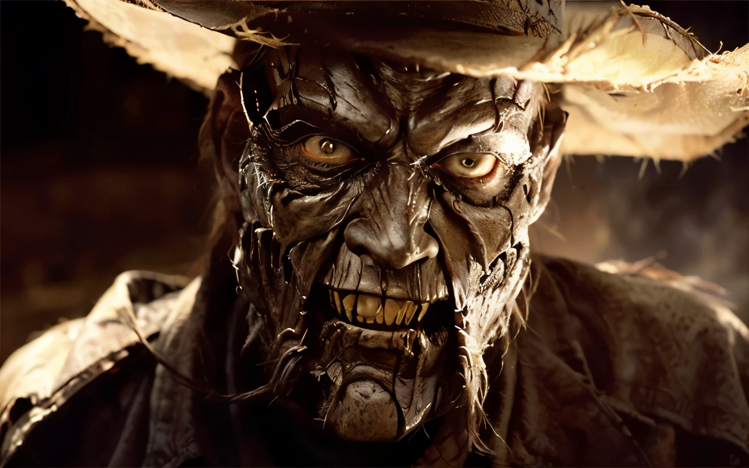 arafed man in a cowboy hat with a scary face, willem dafoe as scarecrow, horror”, horror ”, rick baker, rob bottin, freddy krueger, menacing look, rick baker style, horror, doom beautiful face, menacing!!!, jack, james gurney weta studio, reptile face, giddy smirk, menacing appearance, full - view