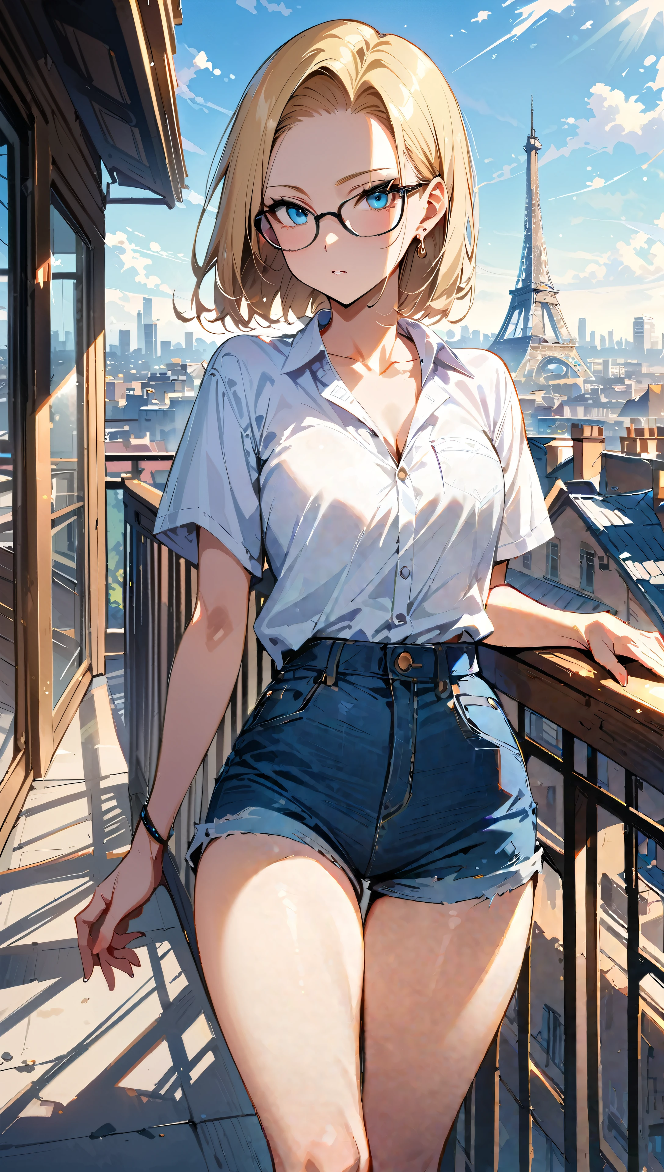 (masterpiece, best quality:1.2), knee shot, solo, Android 18 from Dragon Ball, standing, white long collared Y-shirt tucked into denim shorts, showing only collarbone, denim shorts, thin thighs, short blonde hair loose, (blue eyes), (wearing glasses), earrings on earlobes, slender feminine figure, narrow waistline, skinny body, sunlight, city view of Paris,
rooftop, luxurious open terrace, blur background, 4K
