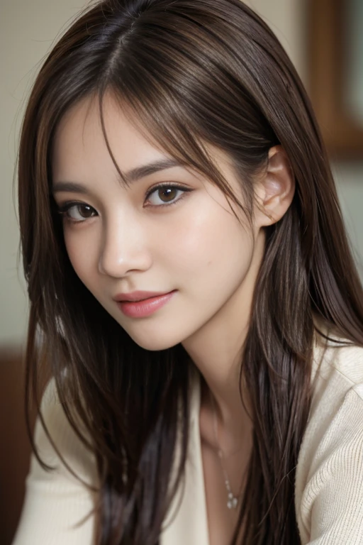 On the table, best quality, Practical, Super detailed, Finely, high resolution, 8k wallpaper, 1 Beautiful woman,, Light brown messy hair, Wearing a suit, Clear focus, Perfect dynamic composition, Beautiful and delicate eyes, Thinning hair, Detailed Practical skin texture, Smile, Close-up portrait, Model figure
