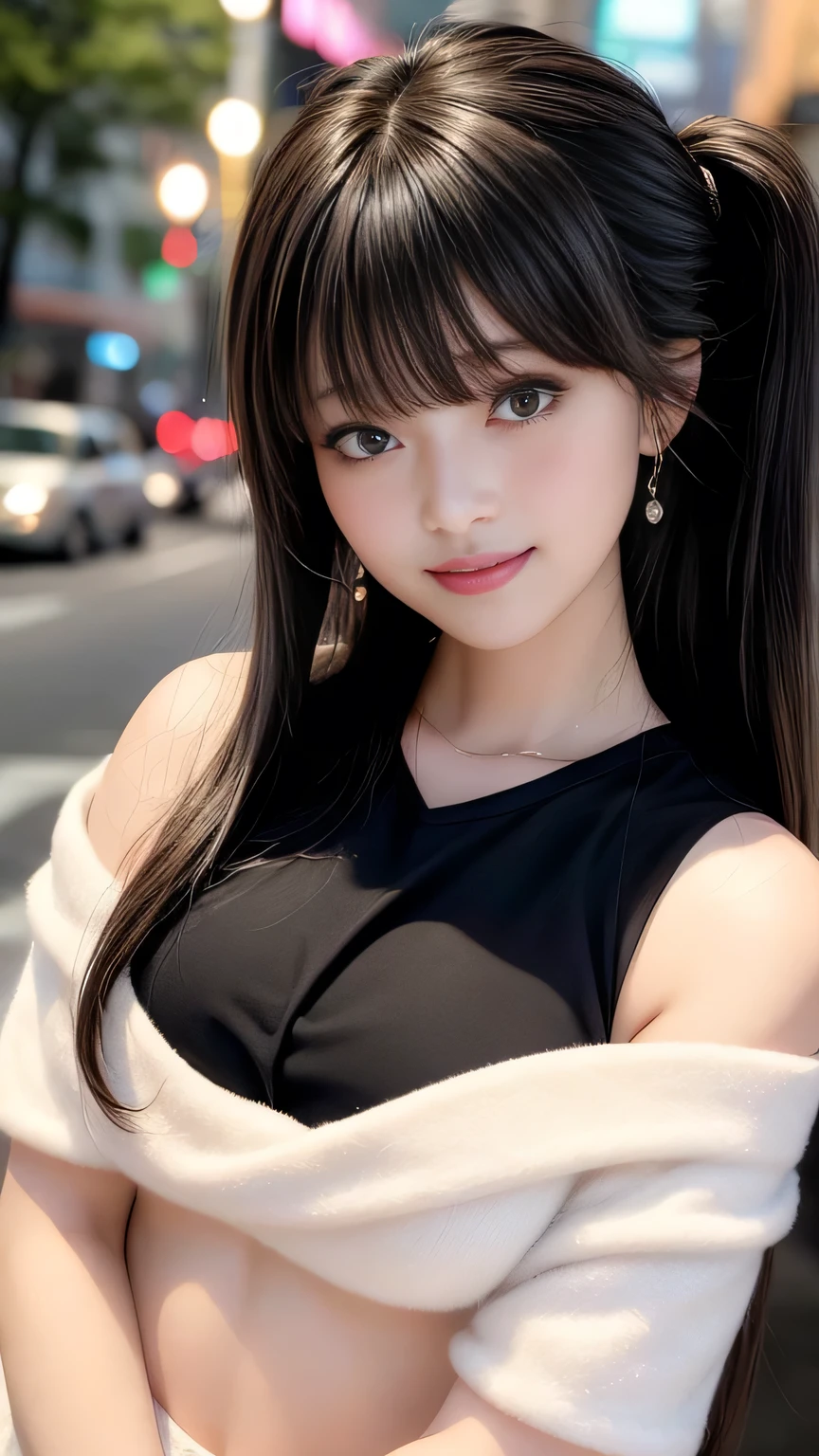 highest quality、Natural Lip、Fair skin、Great light、Beautiful lighting、((Straight hair))、((Ponytail Hair))、((Black Hair))、Blunt bangs、Off the shoulder、Large Breasts、Large Breasts Cleavage、White crop top、mini skirt、Gorgeous Accessories、Harajuku at night、smile、cute smile、Crowd in the city at night