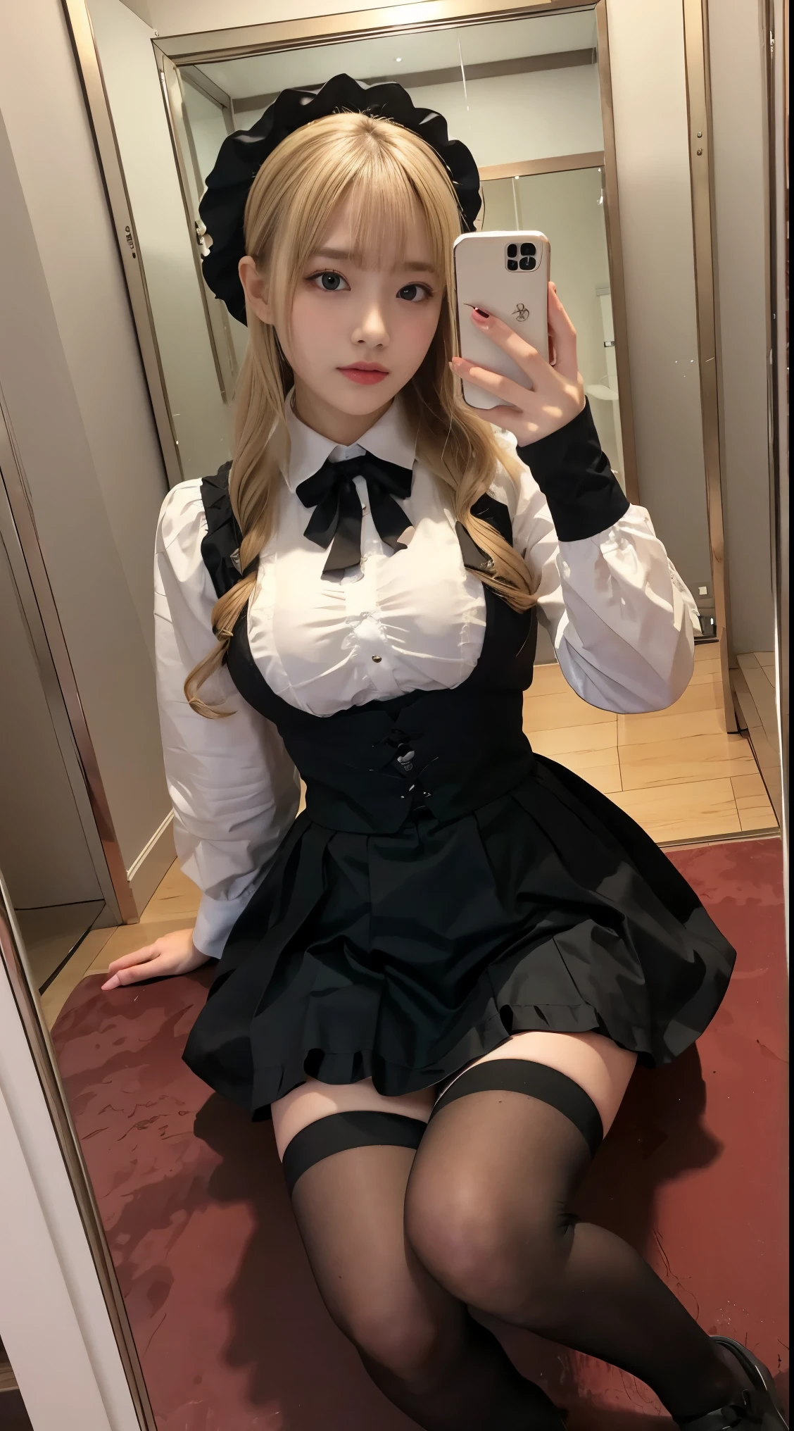 The Beauty of Japan、blonde、Gal、Selfie、Gothic Lolita Costume Skirt、Big Breasts、Squat、Mirror photo、reflected in the mirror、Thighs、、Sitting　Spread your legs　Spread your legs、I can see your pants