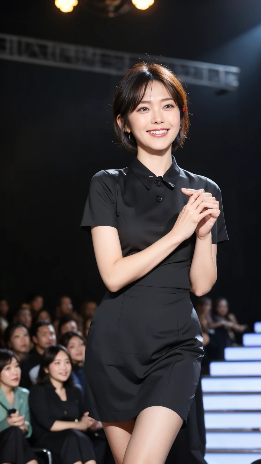 最high quality, In 8K, Masseter region, Vibrant, Sharp focus, high quality, High resolution, Detailed face, fine grain, Red lips, (Observe the audience), alone, Beautiful woman, 38 years old, (Very short black hair:1.3)、(Bob Hair)、(Standard body type)、(D cup breasts)、 Cleavage, , afternoon、(Full body photo)、(Italy、Milan、Fashion show runway:1.5),(Take the stage:1.5)、(Black short sleeve dress:1.6)、(Black knee-length skirt:1.6)、pantyhose、(Black pumps:1.5)、(Smiling with teeth showing:1.6)、