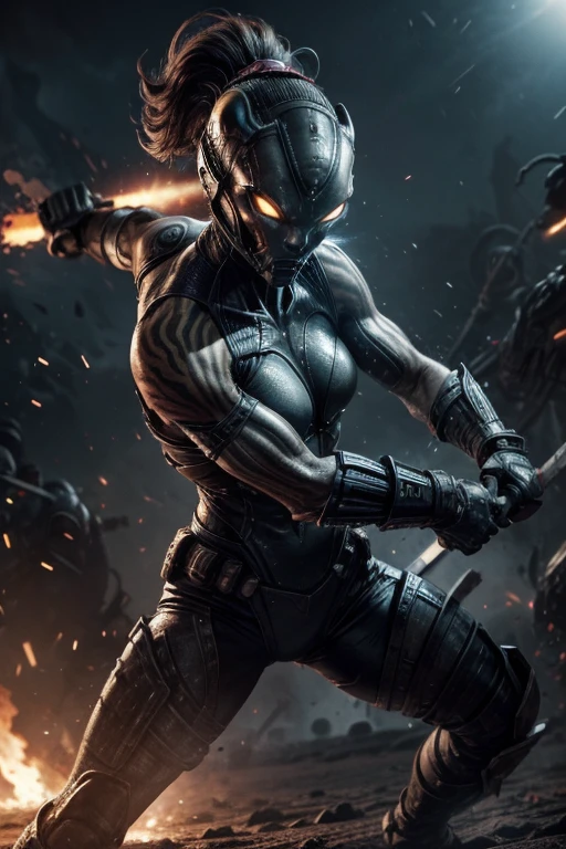 An alien warrior being is fighting in the 
battlefield ,extreme aggression, tiger, powerful warrior, violent frame,female, sweet, three quarter wiew, digital art
