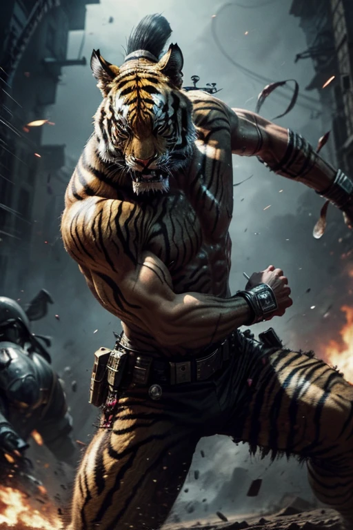 An alien warrior being is fighting in the
battlefield ,extreme aggression, tiger, powerful warrior, violent frame,female, sweet, three quarter wiew, digital art