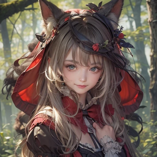 Standing in the forest、Hair flow、 ((highest quality、masterpiece、8k、Best image quality、Ultra-high resolution、Award-winning works)、(Accurate anatomy:1.1)、(Look at me and smile:1.1)、Shining fair skin with Ultra-high resolution、The most detailed face、Ultra-high resolution detailed face、Ultra-high resolutionの髪の毛、(Ultra-high resolution eye:1.1)、Beautiful face drawn in every detail、little red riding hood　Costume , Chest to chest,  Strange atmosphere, A real werewolf stares at her.., Dark Light, in the forest , Heavy makeup 