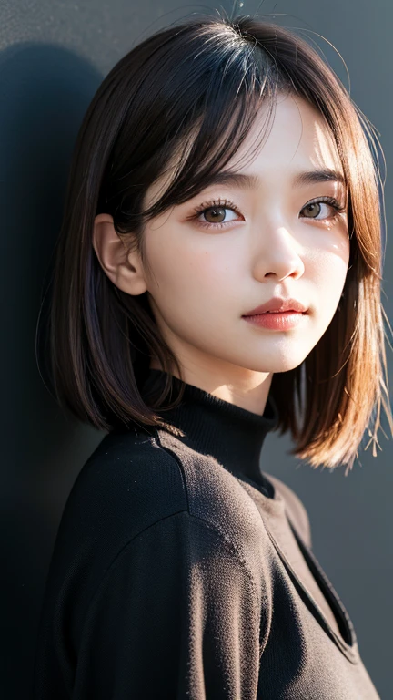 (((Close-up of face)))、(((Absolutely shoulder-length brown straight short bob)))、(((She is posing like a hair salon model, with a black wall indoors as the background.)))、(((Casual black winter long sleeves with shoulders covered)))、Half Japanese, half Korean、18 year old girl、Standing Alone、Looking forward、Light eye makeup、Brown Hair Color、Flat and 、Hair blowing in the wind、Actress Quality、Glossy, ultra-realistic face、Smiling face、Watery eyes、Gazing Up、Subtle lighting effects、 Ultra-Realistic Capture、Very detailed、High resolution 16K close up of human skin。Skin texture must be natural、The details must be such that pores can be clearly seen、The skin is healthy、Uniform tone、Use natural light and colors、A worn-out, high-quality photo taken by a model agency&#39;s in-house photographer.、smile、(((SIGMA 300 mm F/1.4,1/1000 sec shutter,ISO 400))) 