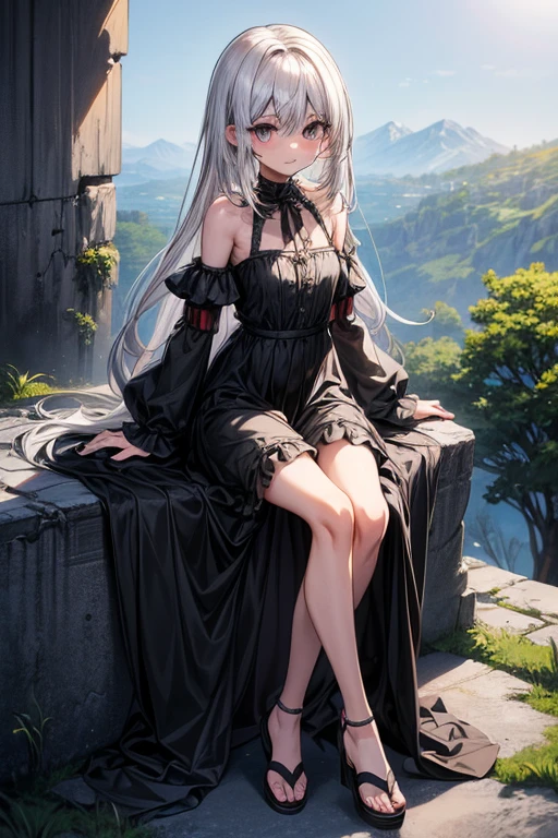 8K UHD, Digital SLR, Soft lighting, High quality, ((best quality)) ((best quality)), ((masterpiece)), (detailed), 4k image, anime style, androgynous facial looks, beautiful anime girl, sharp facial features, chiseled and toned slender body, minimal breasts, small narrow waist protruding to tiny but shapely curves, black frilly opaque simple long flowing sundress covering the whole body, small sandals, forestry background, human individual, short height(150cm), sitting down near a ledge in ruined destroyed buildings, silver white hair,