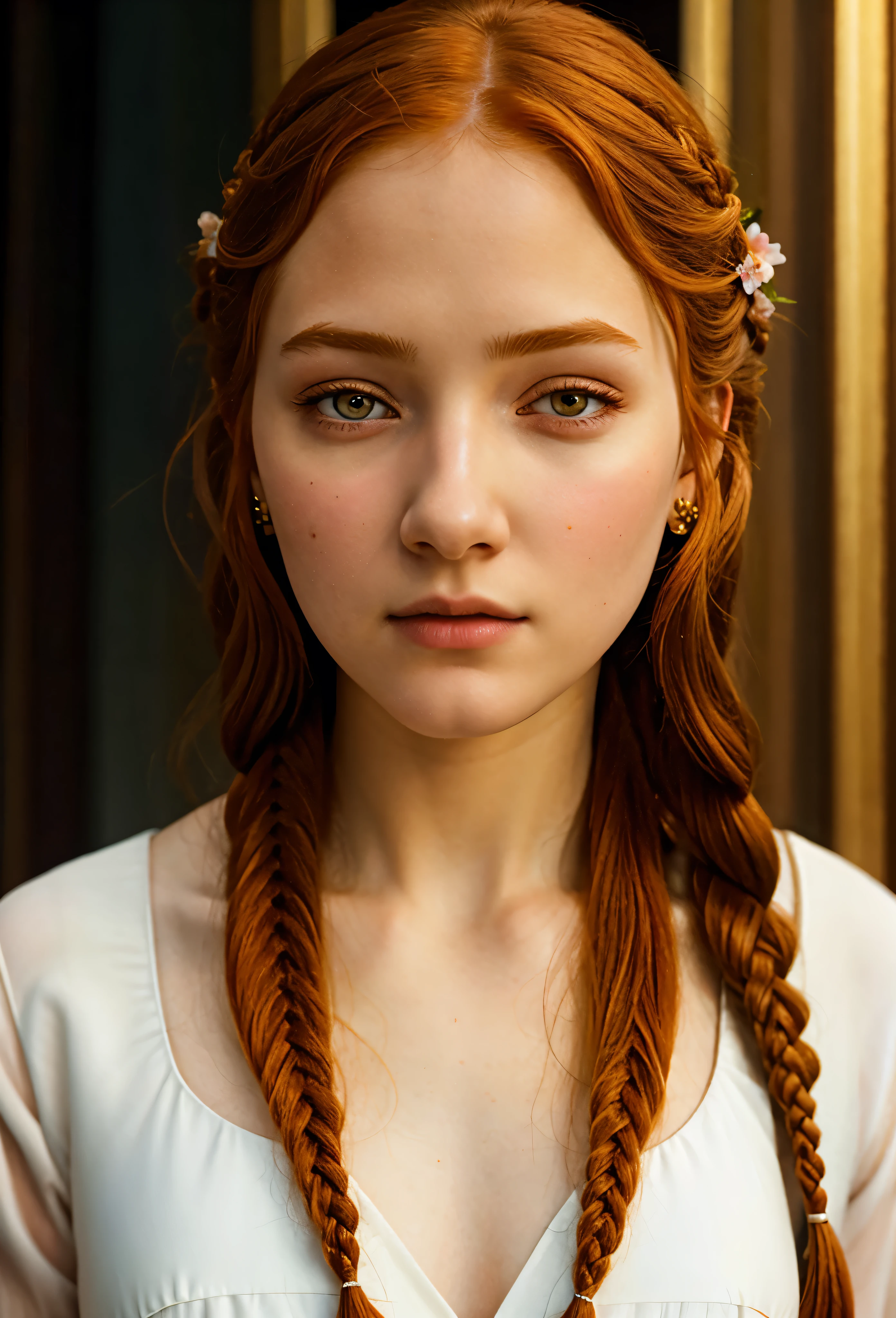 1girl, 18yo, formal clothes, fanciful braided ginger hair, detailed face, beautiful eyes, detailed nose and lips, long eyelashes, porcelain skin, serene expression, elegant posture, intricate floral dress, mid-shot, dramatic lighting, warm color palette, photorealistic, 8k, ultra-detailed, masterpiece,  full body