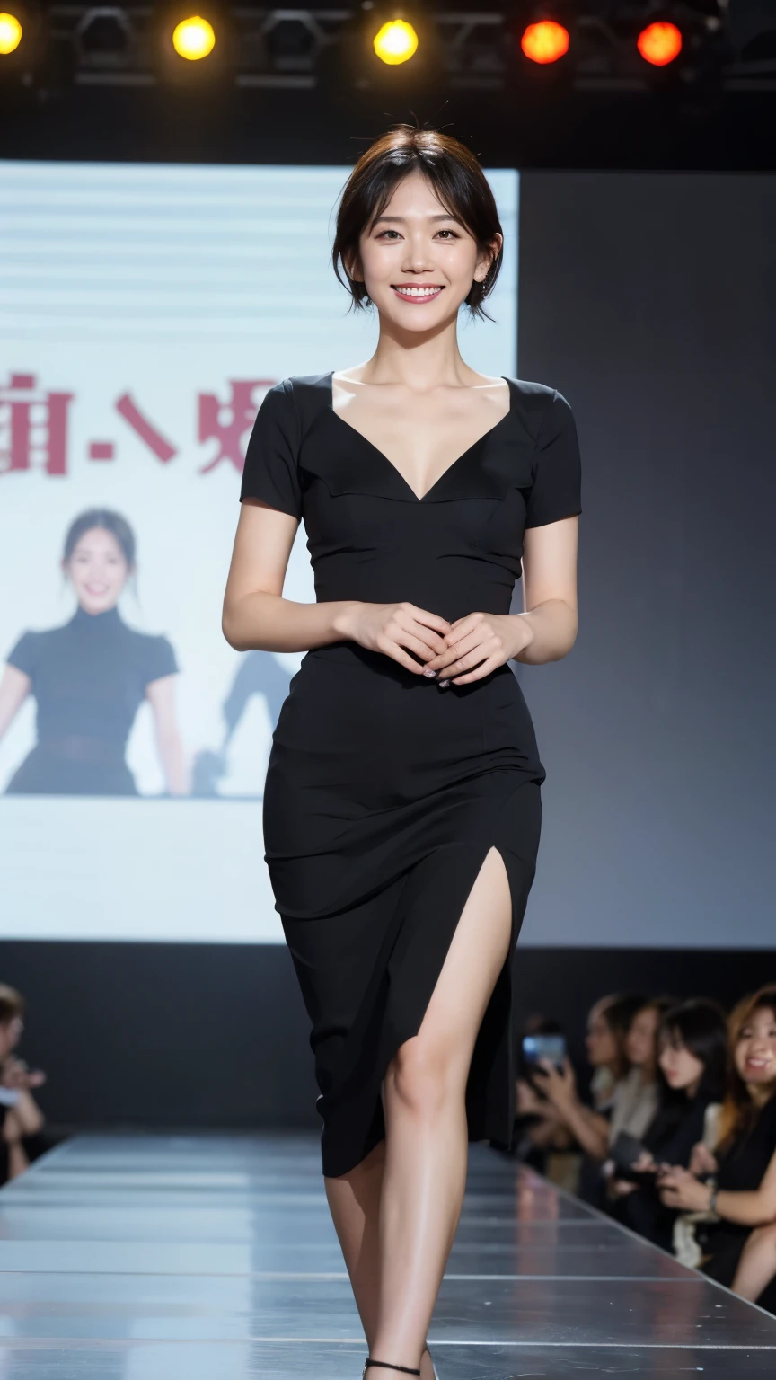 最high quality, In 8K, Masseter region, Vibrant, Sharp focus, high quality, High resolution, Detailed face, fine grain, Red lips, (Observe the audience), alone, Beautiful woman, 38 years old, (Very short black hair:1.3)、（Bob Hair）、（Standard body type）、（D cup breasts）、 Cleavage, , afternoon、（Full body photo:1.6）、（Italy、Milan、Fashion show runway:1.5）,(Take the stage:1.5)、（Chic black short sleeve dress:1.6）、（Black knee-length skirt:1.6）、pantyhose、（Black pumps:1.5）、（Smiling with teeth showing:1.6）、