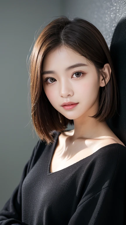 (((Close-up of face)))、(((Absolutely shoulder-length brown straight short bob)))、(((She is posing like a hair salon model, with a black wall indoors as the background.)))、(((Casual black winter long sleeves with shoulders covered)))、Half Japanese, half Korean、18 year old girl、Standing Alone、Looking forward、Light eye makeup、Brown Hair Color、Flat and 、Hair blowing in the wind、Actress Quality、Glossy, ultra-realistic face、Smiling face、Watery eyes、Gazing Up、Subtle lighting effects、 Ultra-Realistic Capture、Very detailed、High resolution 16K close up of human skin。Skin texture must be natural、The details must be such that pores can be clearly seen、The skin is healthy、Uniform tone、Use natural light and colors、A worn-out, high-quality photo taken by a model agency&#39;s in-house photographer.、smile、(((SIGMA 300 mm F/1.4,1/1000 sec shutter,ISO 400))) 