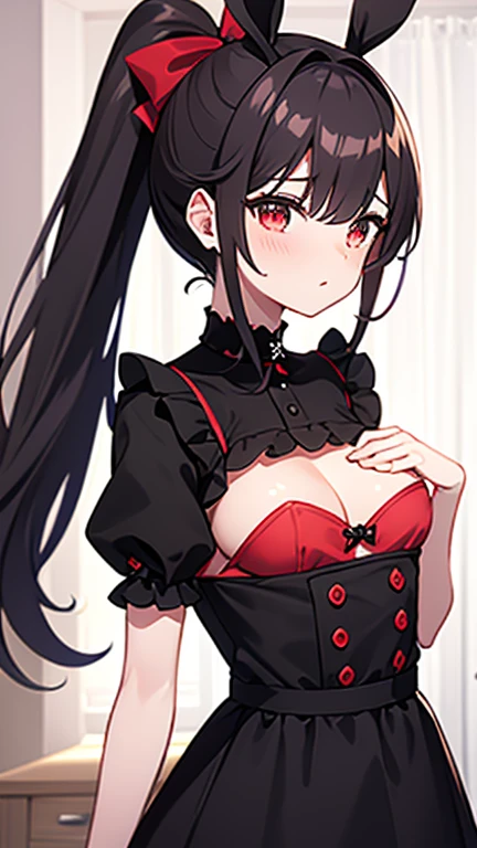 adulto, Cabello negro ondulado, mirada penetrante con ojos profundos de color rojo, estatura promedio, Silky hair with a ponytail hairstyle collected with a red bow with two white lines, tiene pechos grandes, primer plano, session, standing in the middle of his room [[[[Maid]]] , Sonrojada, muslos grandes, maid