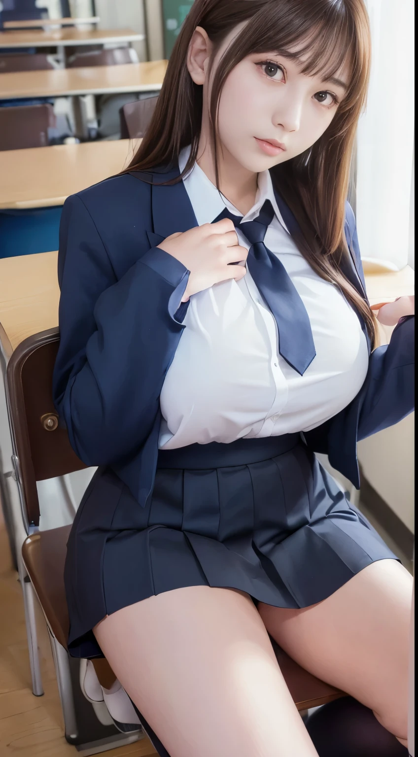 highest quality,Super detailed,masterpiece,Hentai Realism,Photo Rare,Bright lighting,One Girl, Very beautiful 17 year old girl, (cute:1.6),A faint smile, (Brown eyes),(Dark brown hair),(With bangs),Perfect Glowing Skin,Perfect Skin,((erotic,Sexy and sexually explicit)),((Accurate Pointer，No discomfort)), Big ample breasts,Big breasts, small waist, View your viewers,((Blazer uniform)),((Long sleeve uniform white shirt)),(Navy blue tie),(Navy blue mini skirt、No slits),(((Lift the skirt with your own hands))),(Lifted it himself),(She shows her panties.),Lace and black panties,Panty Focus,(get up,Spread your legs)), socks, (Black socks),(Loafer shoes), During the day,School、classroom、There are desks lined up in the classroom.,School Chair、