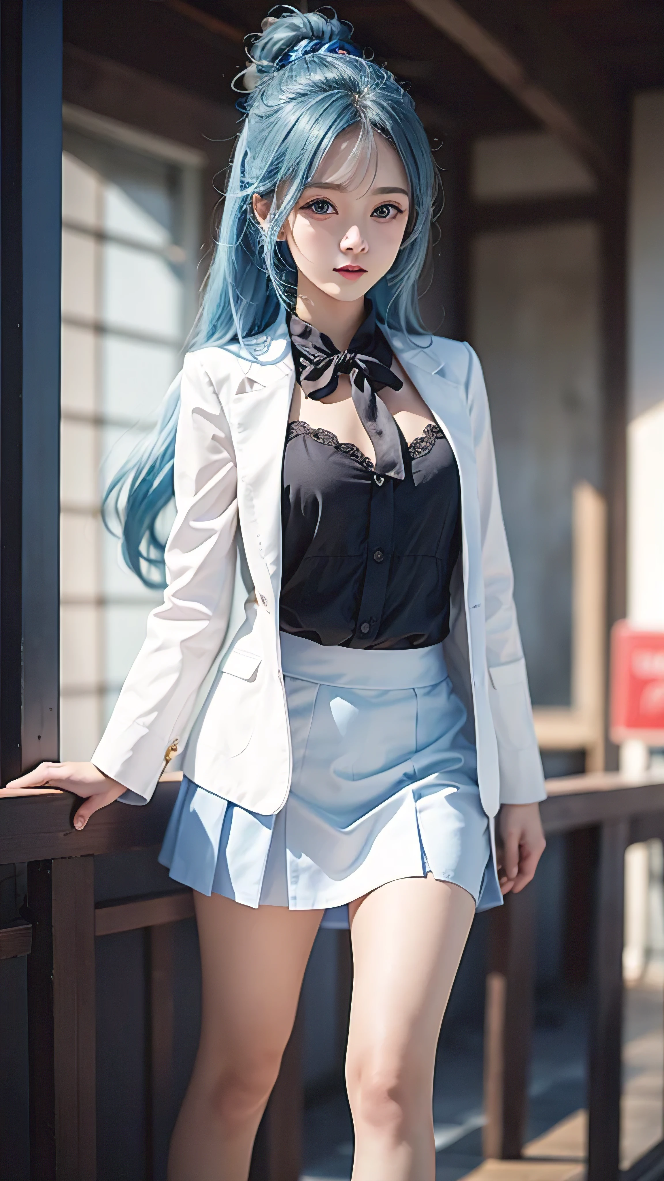 masterpiece, best quality, high quality, High resolution, 1 Girl, Solitary, water blue (Konosuba), Blue Hair, long hair, blue eyes, White shirt ,long white coat, black office skirt, High Leg Raise, whole body, permanent, Hands in pockets, boring, Depth of Field, laboratory,