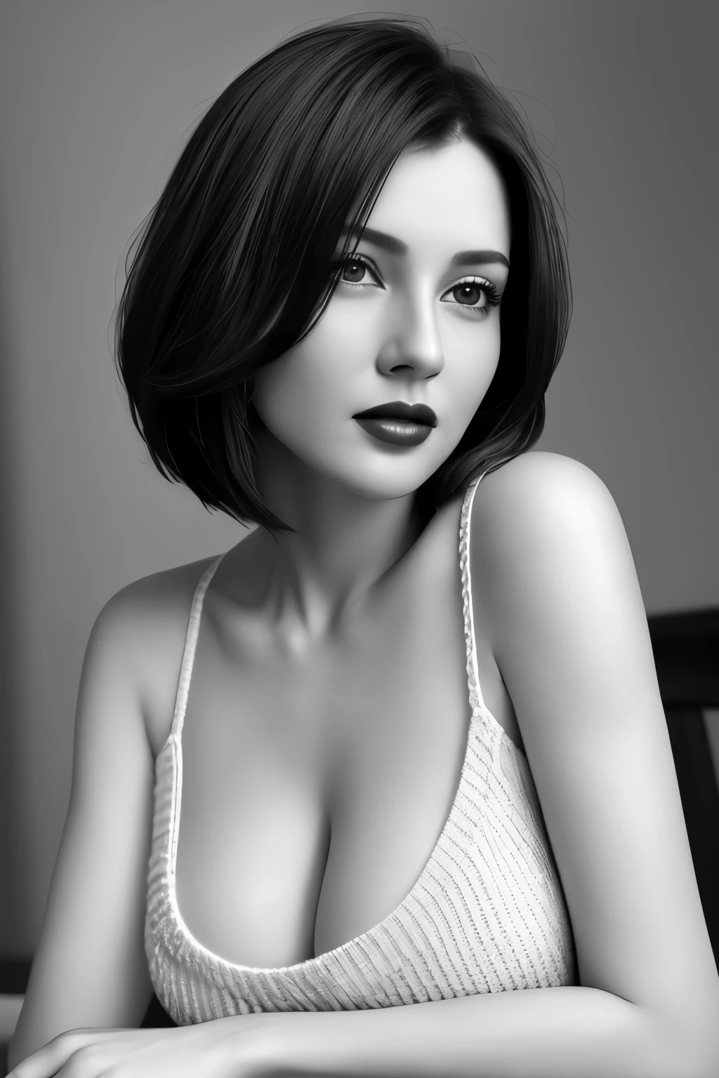 Tabletop, highest quality, Photorealistic, Very detailed, finely, High resolution, 8k wallpaper, RAW Photos, Professional, High level of detail, 1 girl, (((Black and white photography))), (((Red lips))), ((Looking at the camera)), (Look forward), Upper Body, short hair, Bob Hair, (Straight Hair), Shapely breasts, Cleavage, V-neck light knit sweater