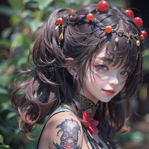 Hiding in the tomb、Hair flow、 ((highest quality、masterpiece、8k、Best image quality、Ultra-high resolution、Award-winning works)、(Accurate anatomy:1.1)、(Look at me and smile:1.1)、Shining fair skin with Ultra-high resolution、The most detailed face、Ultra-high resolution detailed face、Ultra-high resolutionの髪の毛、(Ultra-high resolutionの煌めく瞳:1.1)、Beautiful face drawn in every detail、Cheerful clown costume, Chest to chest, tattoo,Strange atmosphere, Ghosts flow