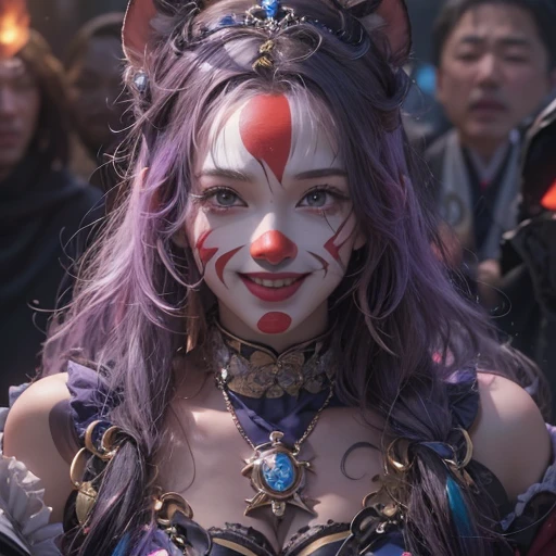 Hiding in the tomb、Hair flow、 ((highest quality、masterpiece、8k、Best image quality、Ultra-high resolution、Award-winning works)、(Accurate anatomy:1.1)、(Look at me and smile:1.1)、Shining fair skin with Ultra-high resolution、The most detailed face、Ultra-high resolution detailed face、Ultra-high resolutionの髪の毛、(Ultra-high resolutionの煌めく瞳:1.1)、Beautiful face drawn in every detail、Cheerful clown costume, Chest to chest, tattoo,Strange atmosphere, Ghosts flow