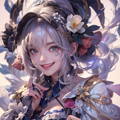 Hiding in the tomb、Hair flow、 ((highest quality、masterpiece、8k、Best image quality、Ultra-high resolution、Award-winning works)、(Accurate anatomy:1.1)、(Look at me and smile:1.1)、Shining fair skin with Ultra-high resolution、The most detailed face、Ultra-high resolution detailed face、Ultra-high resolutionの髪の毛、(Ultra-high resolutionの煌めく瞳:1.1)、Beautiful face drawn in every detail、Cheerful clown costume, Chest to chest, tattoo,Strange atmosphere, Ghosts flow