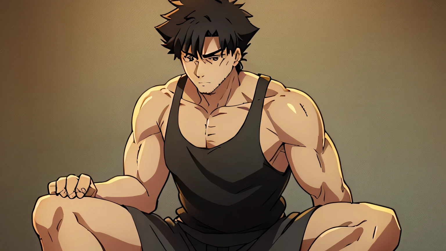 Kiritsugu is sitting and [flexing his biceps]. He wears a black tanktop and [black boxershorts]. You can see his thighs. He looks stoic and serious. He has huge veins on his arms.