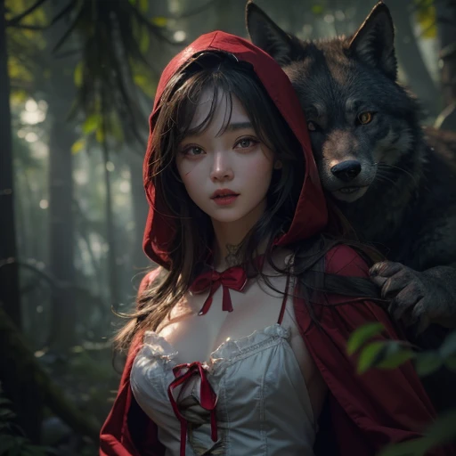 Standing in the forest、Hair flow、 ((highest quality、masterpiece、8k、Best image quality、Ultra-high resolution、Award-winning works)、(Accurate anatomy:1.1)、(Look at me and smile:1.1)、Shining fair skin with Ultra-high resolution、The most detailed face、Ultra-high resolution detailed face、Ultra-high resolutionの髪の毛、(Ultra-high resolution eye:1.1)、Beautiful face drawn in every detail、little red riding hood　Costumes , Chest to chest,  Strange atmosphere, A real werewolf stares at her..., Dark Light, in the forest , Heavy makeup 