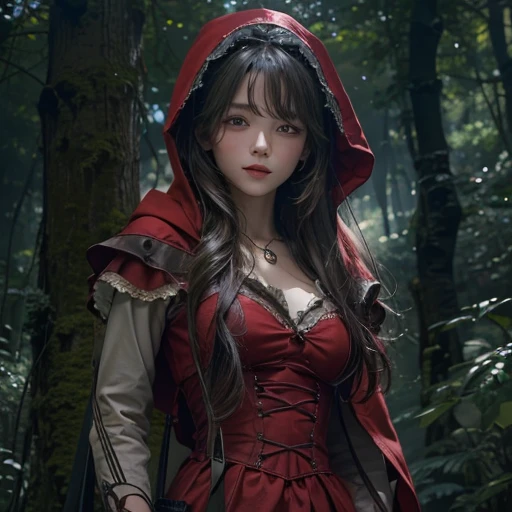 Standing in the forest、Hair flow、 ((highest quality、masterpiece、8k、Best image quality、Ultra-high resolution、Award-winning works)、(Accurate anatomy:1.1)、(Look at me and smile:1.1)、Shining fair skin with Ultra-high resolution、The most detailed face、Ultra-high resolution detailed face、Ultra-high resolutionの髪の毛、(Ultra-high resolution eye:1.1)、Beautiful face drawn in every detail、little red riding hood　Costumes , Chest to chest,  Strange atmosphere, A real werewolf stares at her........., Dark Light, in the forest , Heavy makeup 