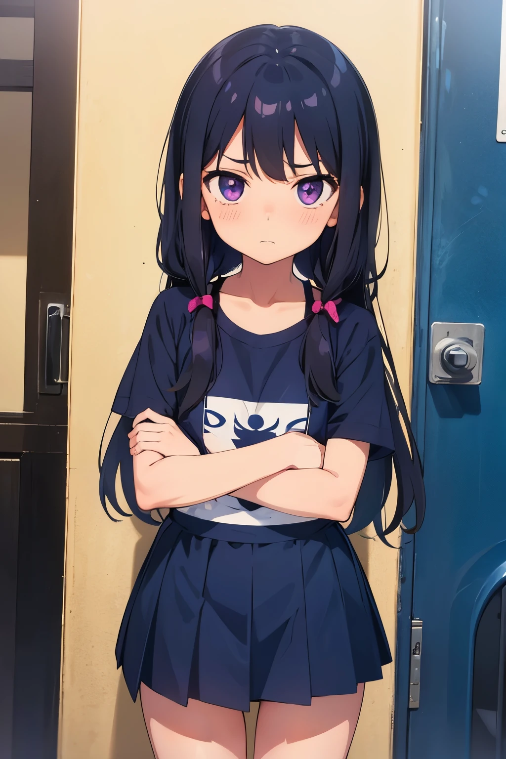 Elementary school girl, 8 years old, flat chest, black hair, long hair, purple eyes, embarrassed expression （one person） Upper body short sleeve T-shirt　Navy blue mini skirt　Navy blue old school swimsuit　（（She&#39;s lifting her skirt to show her swimsuit））　School classroom　Standing Dynamic Ang