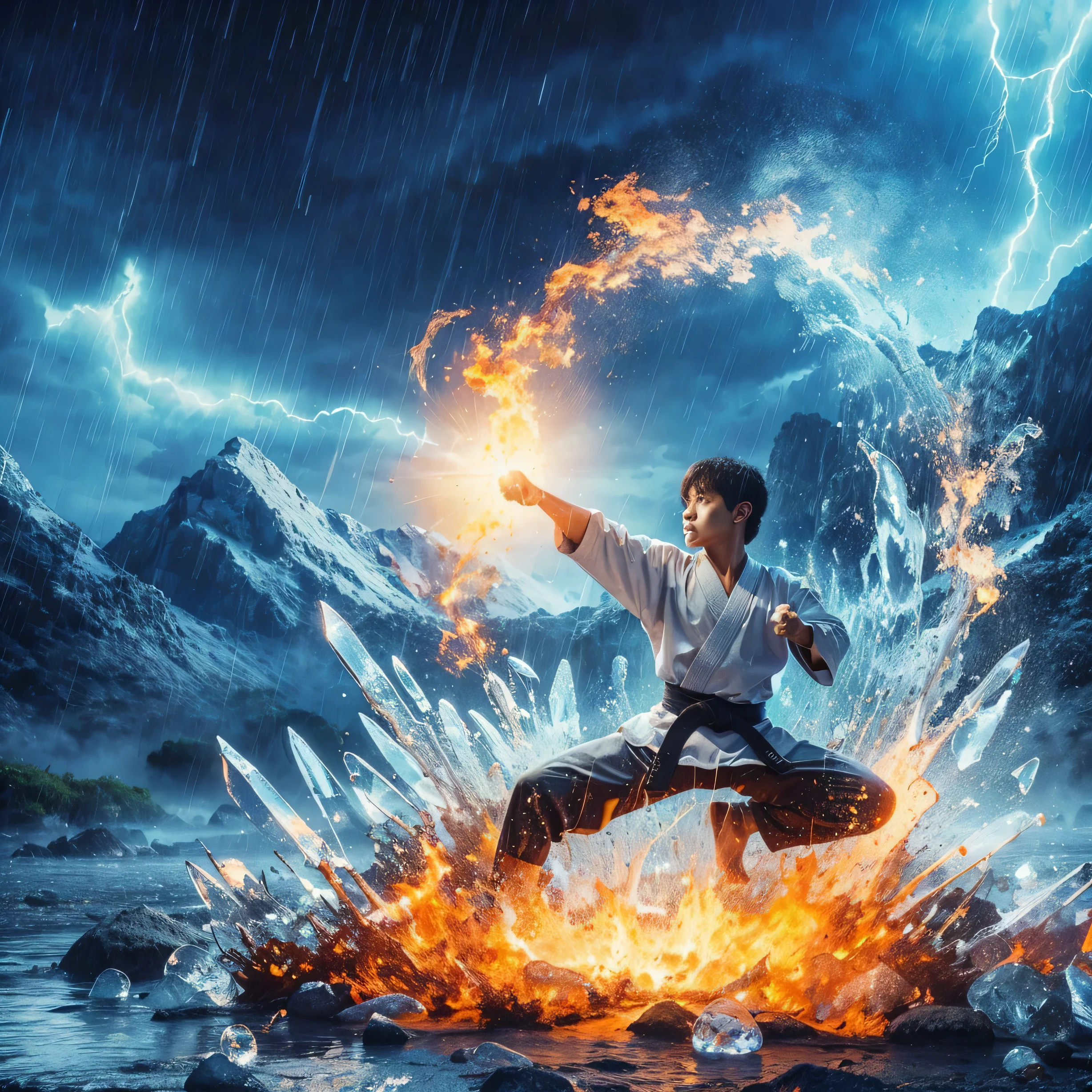 seorang anak laki-laki sedang berlatih karate dia menggunakan seluruh kekuatan di tubuhnya untuk mengendalikan api, dia memutar api 180 derajat. api terjun berlatar belakang gunung yang sejuk. efek api. efek kristal. kilat hujan menghadap kamera.