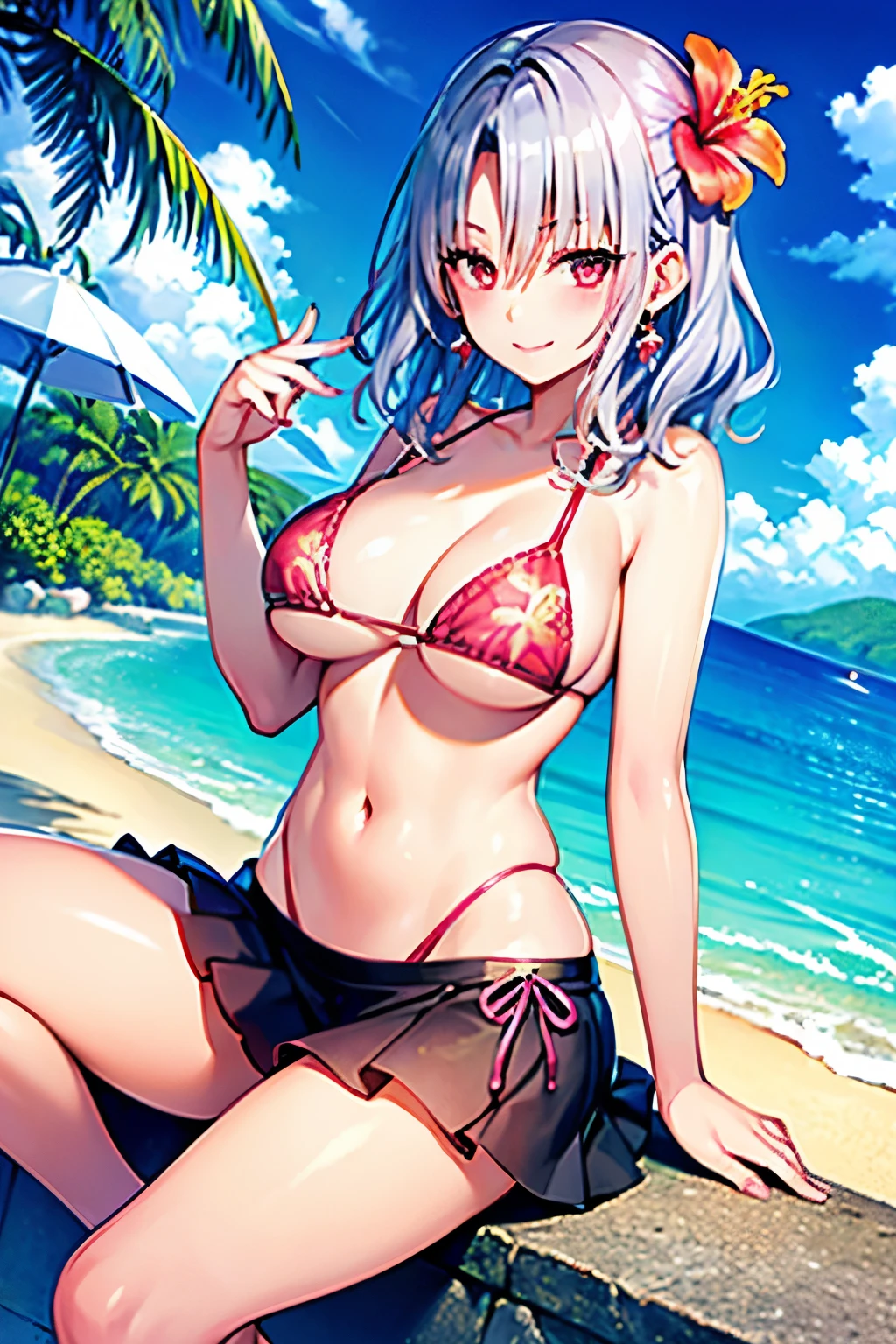 One female、Silver Hair Medium Hair、Huge 、Beautiful feet、ring earrings、Pink Bikini Hibiscus print pareo skirt、black fishnet tights、Side pussy、Wink、Tropical beach、Wet、Toned Abs