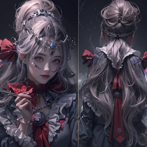 Standing in the grave、Hair flow、 ((highest quality、masterpiece、8k、Best image quality、Ultra-high resolution、Award-winning works)、(Accurate anatomy:1.1)、(Look at me and smile:1.1)、Shining fair skin with Ultra-high resolution、The most detailed face、Ultra-high resolution detailed face、Ultra-high resolutionの髪の毛、(Ultra-high resolution eye:1.1)、Beautiful face drawn in every detail、Cheerful clown costume, Chest to chest, Strange atmosphere, Ghosts flow, Dark Light, At the cemetery, Heavy makeup