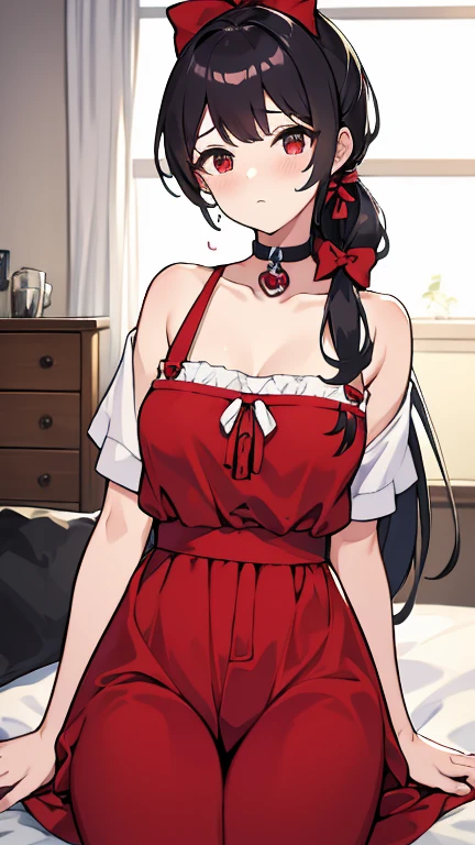 adulto, Cabello negro ondulado, mirada penetrante con ojos profundos de color rojo, estatura promedio, Silky hair with a ponytail hairstyle collected with a red bow with two white lines, tiene pechos grandes, primer plano, session, standing in the middle of his room [[[[Maid]]] , Sonrojada, muslos grandes, maid