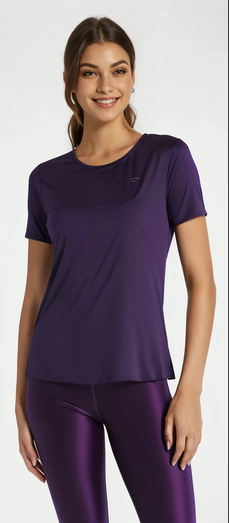 A woman in a purple shirt and black shorts standing, Back view, voltar - ver, camiseta de cor violeta, from the back, from the back, tiro pelas costas, seen from back, back view also, view of the back, viewed from behind, Backview, distant full body view, leve sangramento de cor, camiseta molhada, view from behind