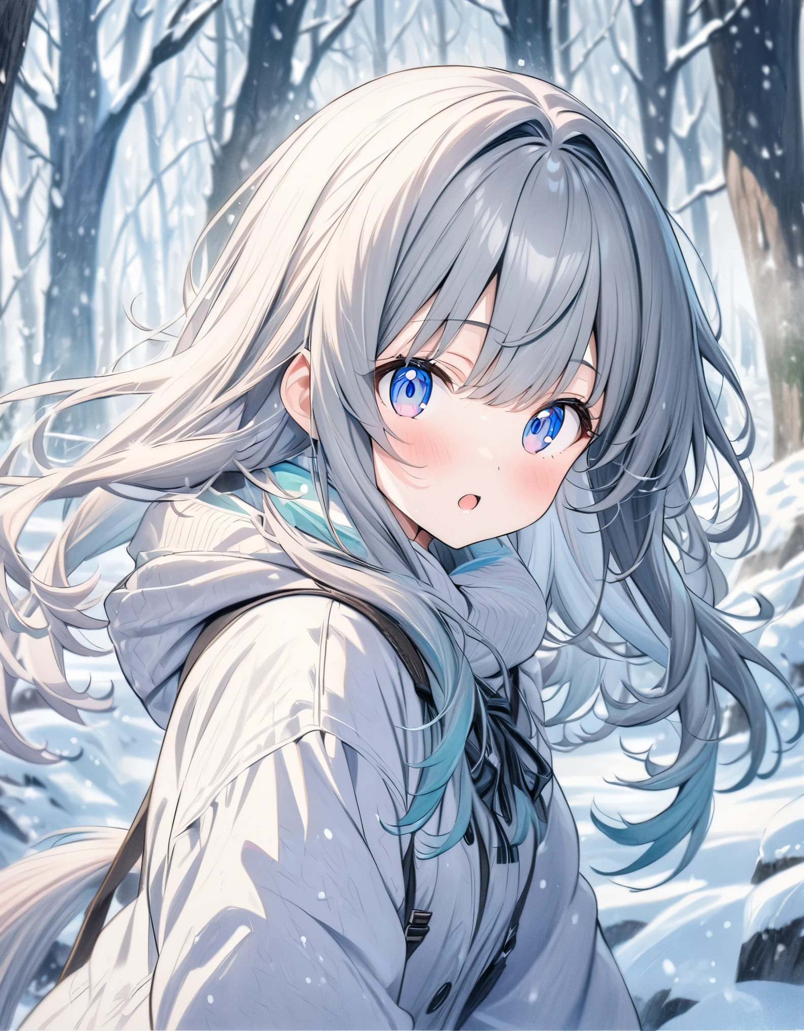 ((style:colored pencil,Pale colors)),(masterpiece:1.2),(anime),in the forest、Snow Scene、Hokkaido、(Long-tailed Tit)、cute、girl