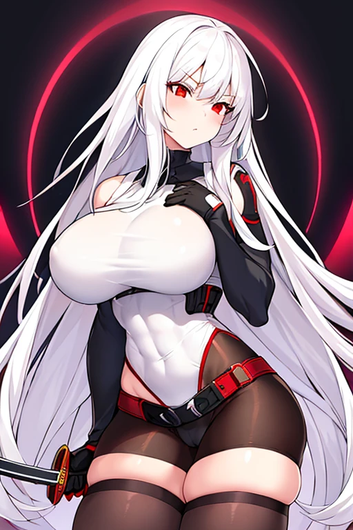 1girl, white hair, long hair, red eyes, serious, glowing eyes, large breasts, thick thighs, mature female, athletic  female, toned, leotard, black leotard, thighhighs, belt, knife, knifes, pantyhose