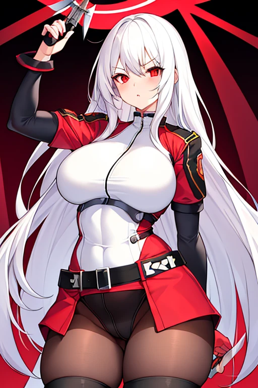 1girl, white hair, long hair, red eyes, serious, glowing eyes, large breasts, thick thighs, mature female, athletic female, toned, leotard, black leotard, thighhighs, belt, knife, knifes, pantyhose