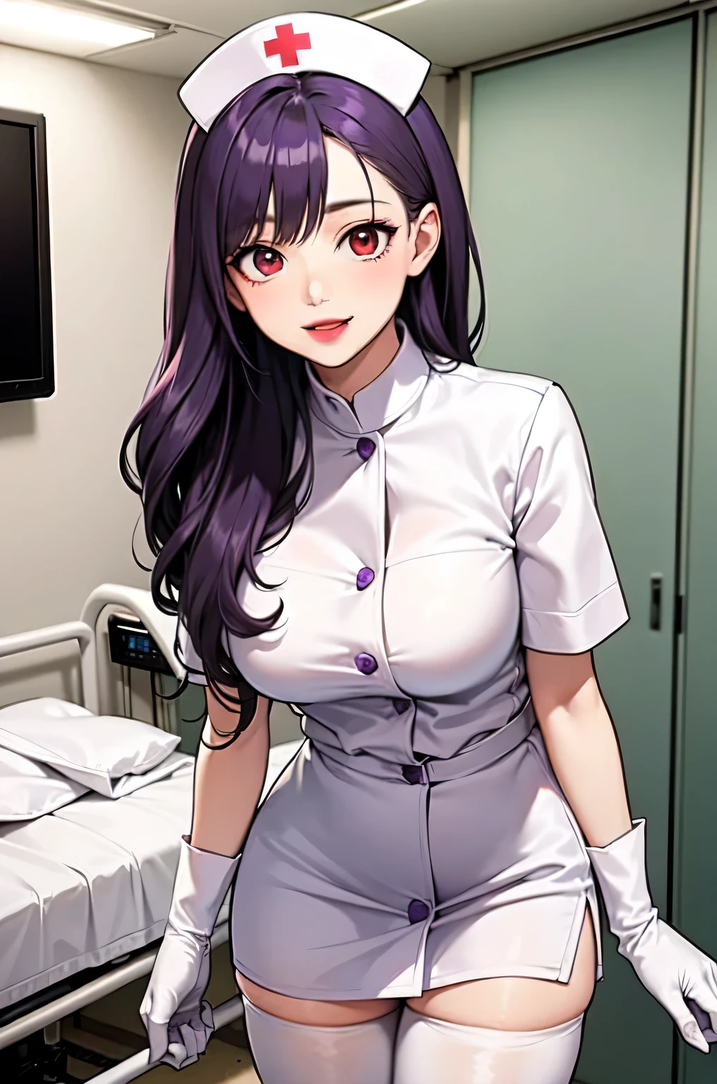 1woman, solo, nurse, white nurse cap, white nurse uniform, ((white legwear, zettai ryouiki)), white gloves, long hair, purple hair, red eyes, pink lips, smile, standing, ((hospital room)), sharp outline, short sleeves, mature female, 35 years old, best quality, masterpiece