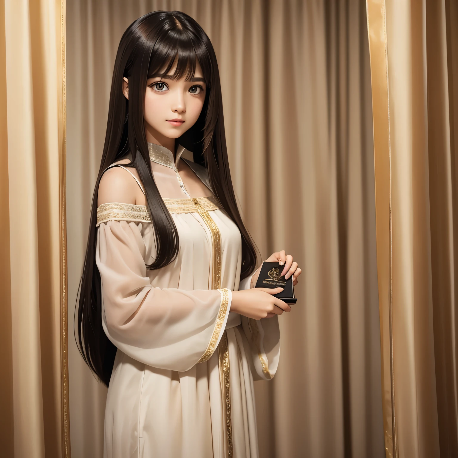 A fair complexion girl with hazel eyes and long straight hair with curtain bangs, receiving and award