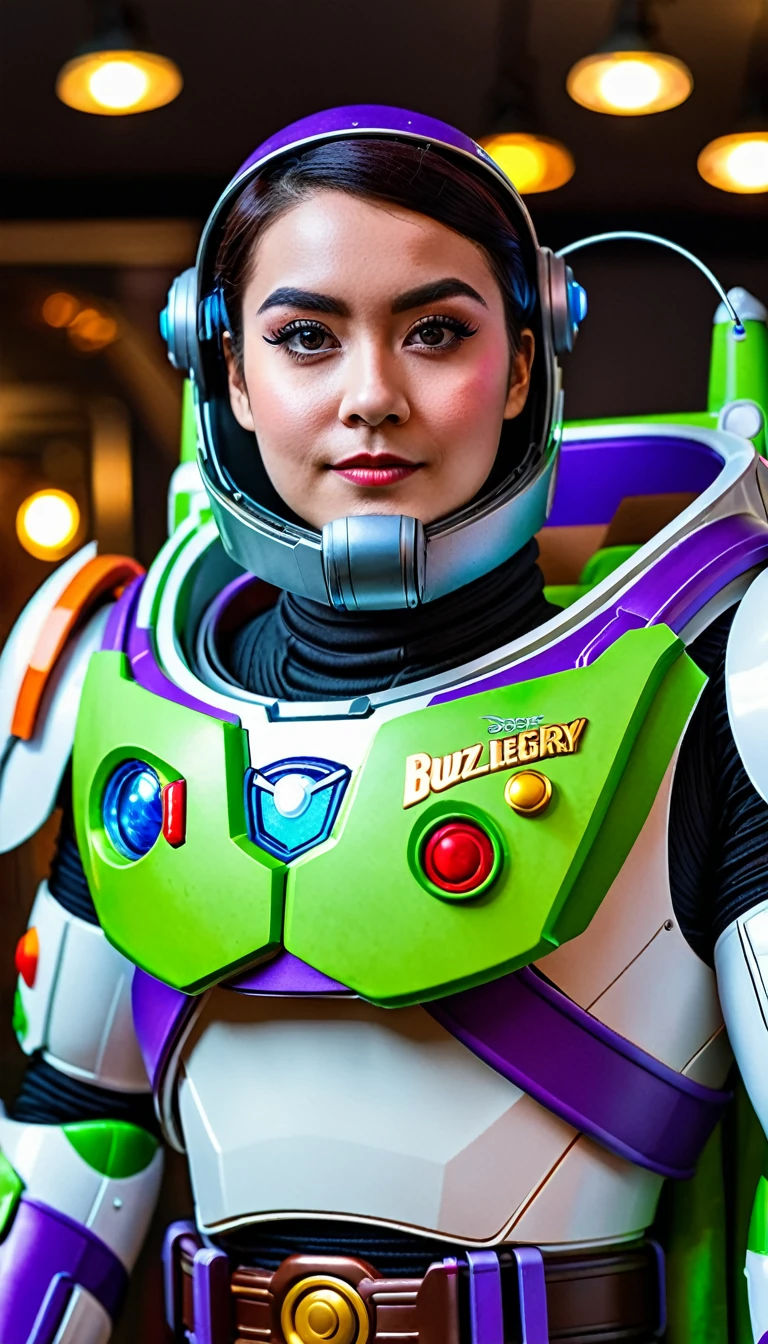a detailed and realistic photography of a person cosplaying as Buzz Lightyear at a cosplay party, extremely detailed and realistic costume, highly detailed facial features, vibrant colors, intricate details, dramatic lighting, cinematic composition, photorealistic, 8k, (best quality,4k,8k,highres,masterpiece:1.2),ultra-detailed,(realistic,photorealistic,photo-realistic:1.37),HDR,UHD,studio lighting,sharp focus,extreme detail description,professional,vivid colors,bokeh,cosplay,costume party,character portrait,science fiction,space theme