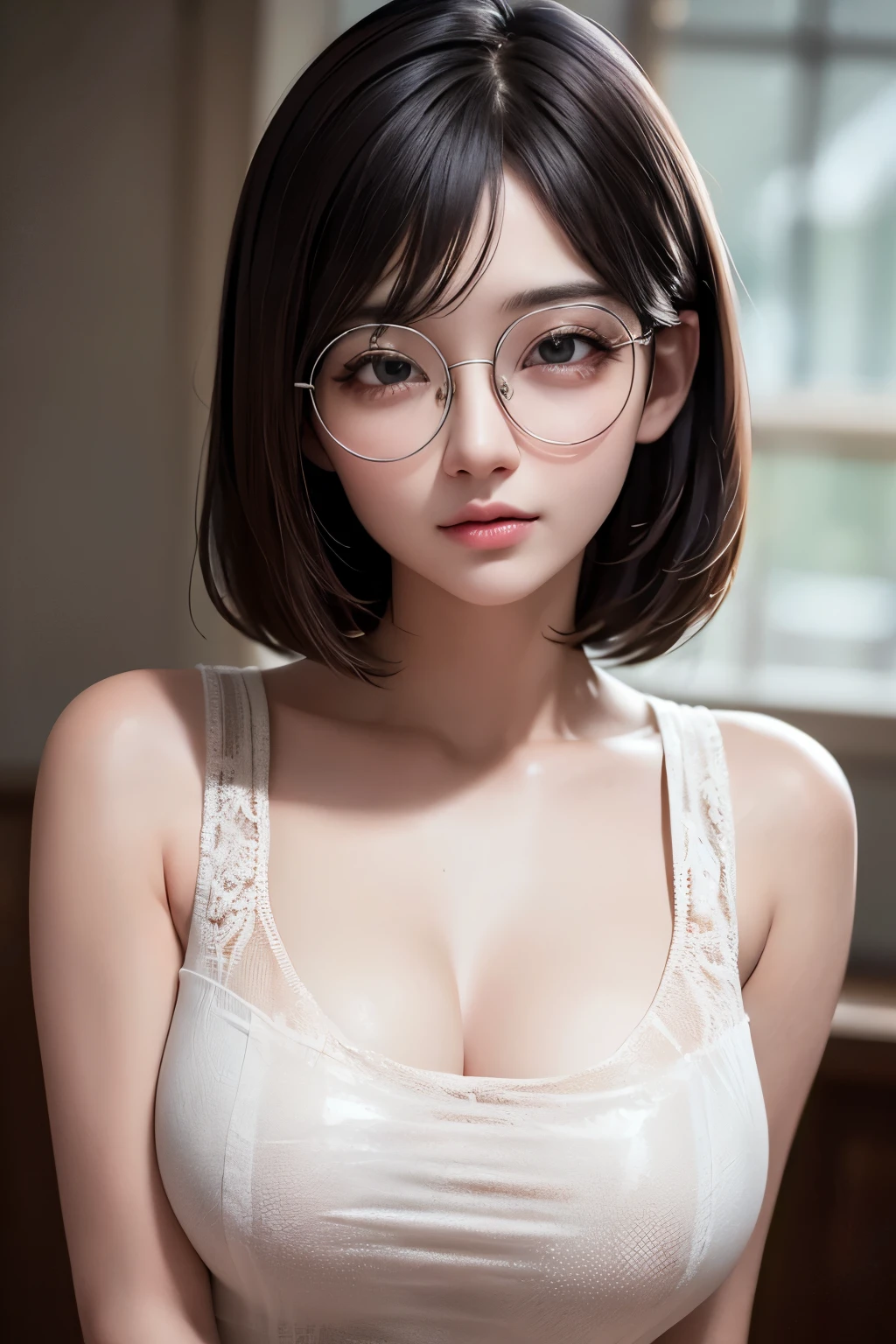 (RAW photo, best quality), (realistic, photo-realistic:1.2), 1girl, high quality, (high detailed skin:1.4), puffy eyes, glasses, gorgeous hair,  (dark room:1.3), (rim lighting:1.3), (dimly lit:1.3), (dark night:1.3), indoors, portrait, black hair, dark background, short hair,  