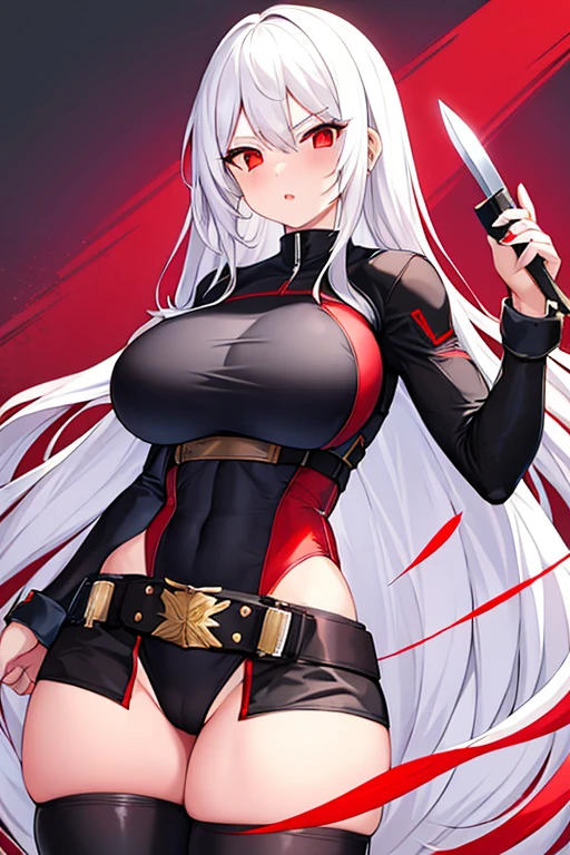 1girl, white hair, long hair, red eyes, serious, glowing eyes, large breasts, thick thighs, mature female, athletic female, toned, leotard, black leotard, thighhighs, belt, knife