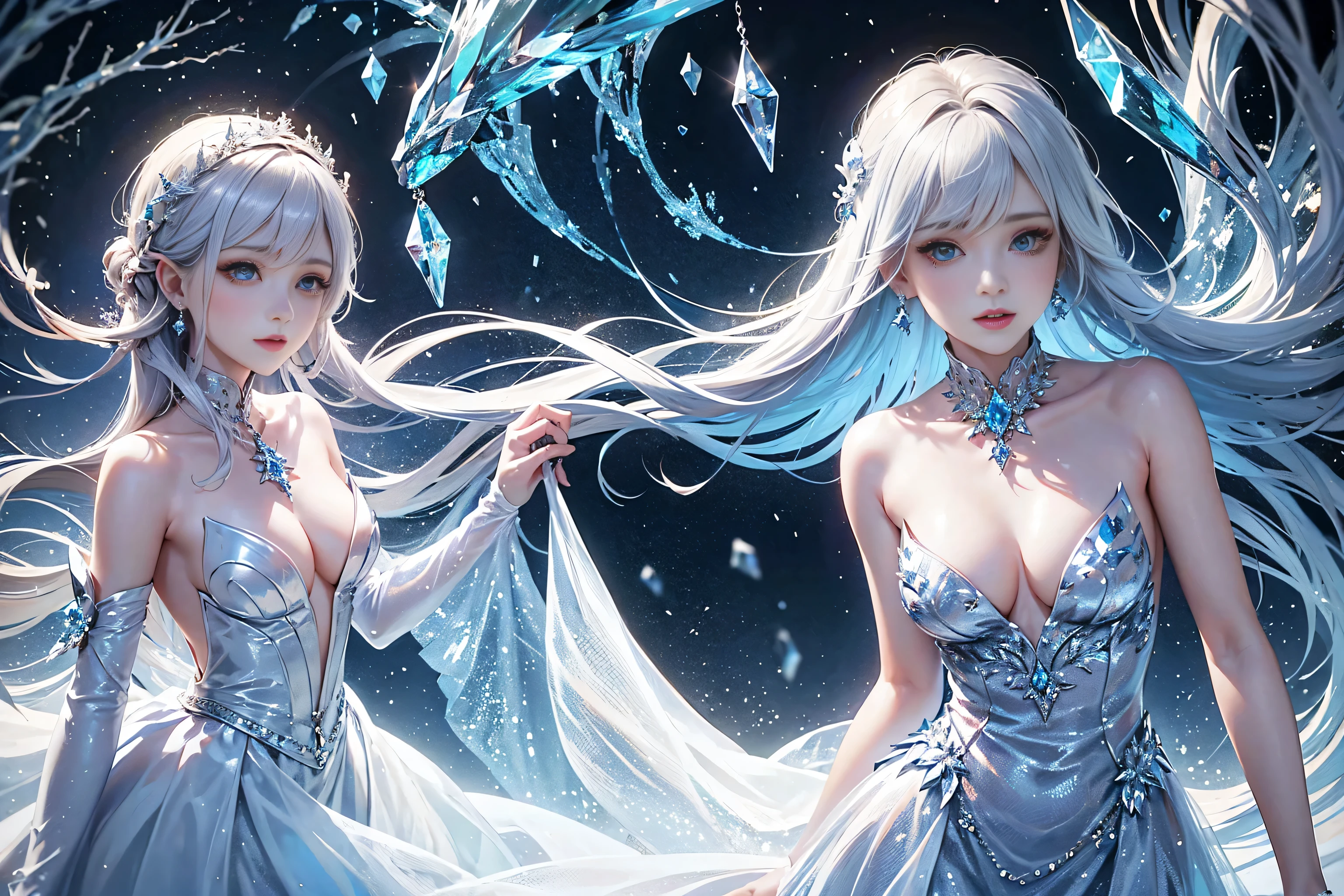 wood, Exquisite mini ice spikes and crystals, Frozen waterfall in the background, Light reflected by ice crystals, Flowing snowflakes、cute girl,small beautiful breasts,Beautiful cleavage、Crystal Dresses
