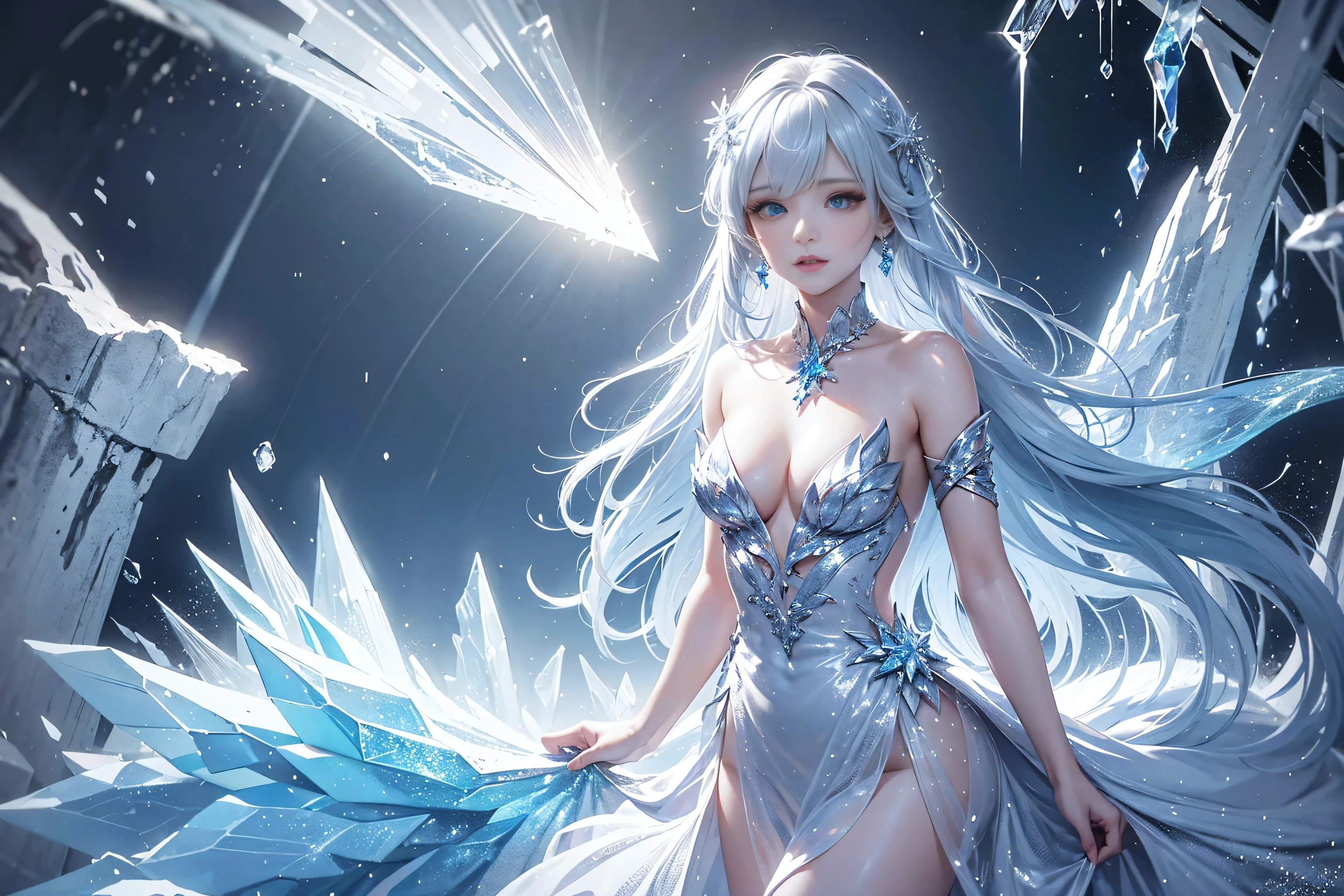 wood, Exquisite mini ice spikes and crystals, Frozen waterfall in the background, Light reflected by ice crystals, Flowing snowflakes、cute girl,small beautiful breasts,Beautiful cleavage、Crystal Dresses
