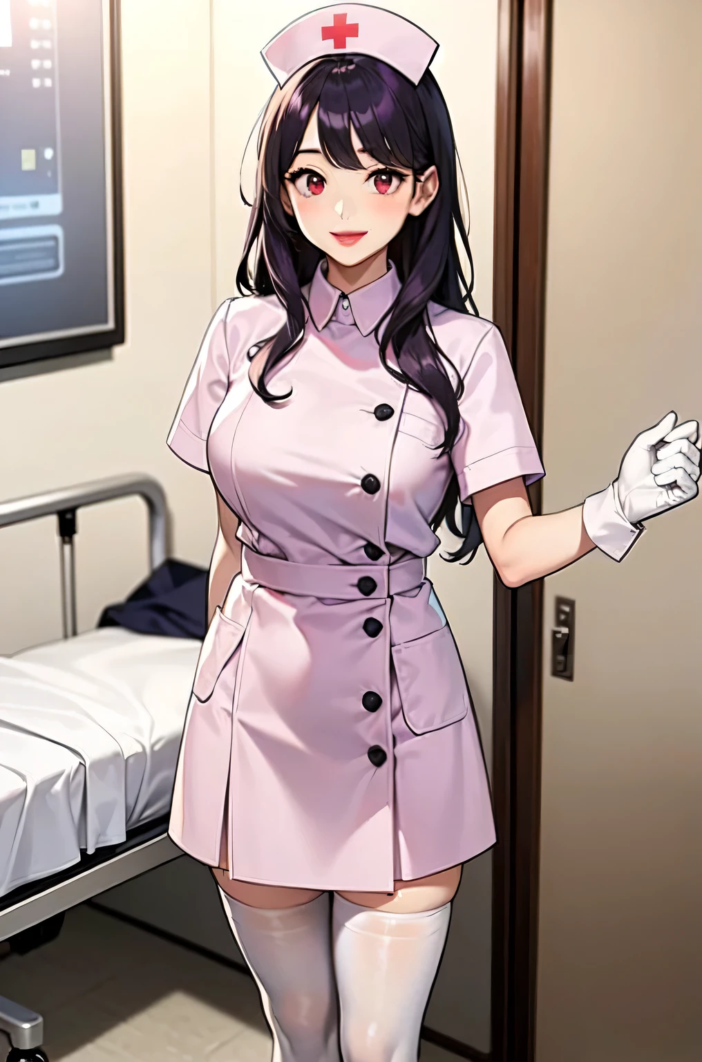 1woman, solo, nurse, white nurse cap, white nurse uniform, ((white legwear, zettai ryouiki)), white gloves, long hair, purple hair, red eyes, pink lips, smile, standing, ((hospital room)), sharp outline, short sleeves, mature female, 35 years old, best quality, masterpiece