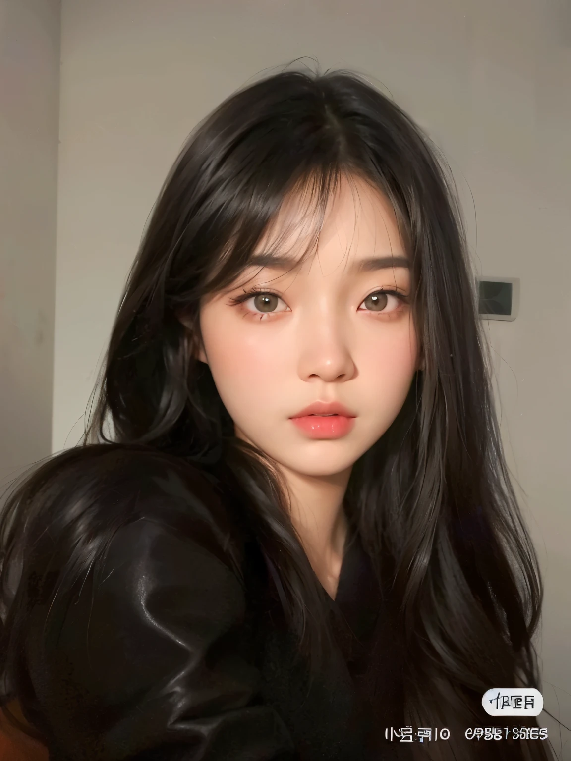 Close up of a woman with long hair wearing a black shirt,  korean, Best Face, face profile picture, Mulher sul-korean bonita, Jinyoung Canella, 젊고 사랑스러운 korean 얼굴, asian face, linda mulher korean jovem, 귀엽고 사랑스러운 korean 얼굴, Southeast Asian with a round face, young cute white asian face, Mulher korean, She has black hair with bangs.