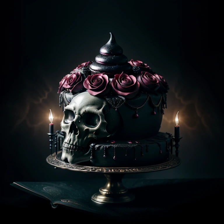 A mesmerizing dark fantasy featuring two striking, elegant, and contrasting glossy gothic-designed gazing skulls atop a lavish berry-laden cup cake. The skulls are adorned with luxurious rose-shaped whipped cream and intricate gothic-inspired small jewels. The black atmosphere envelops the scene, with the artist's exceptional talent evident in the 3D rendering, photo-realistic details, and captivating interplay of light and shadow. This masterful composition serves as a breathtaking book cover, exquisite display of artistic expression, and a one-of-a-kind creation. The impeccable execution and artful arrangement of this award-worthy piece make it a stunning poster, product, or vibrant photo, showcasing photo, poster