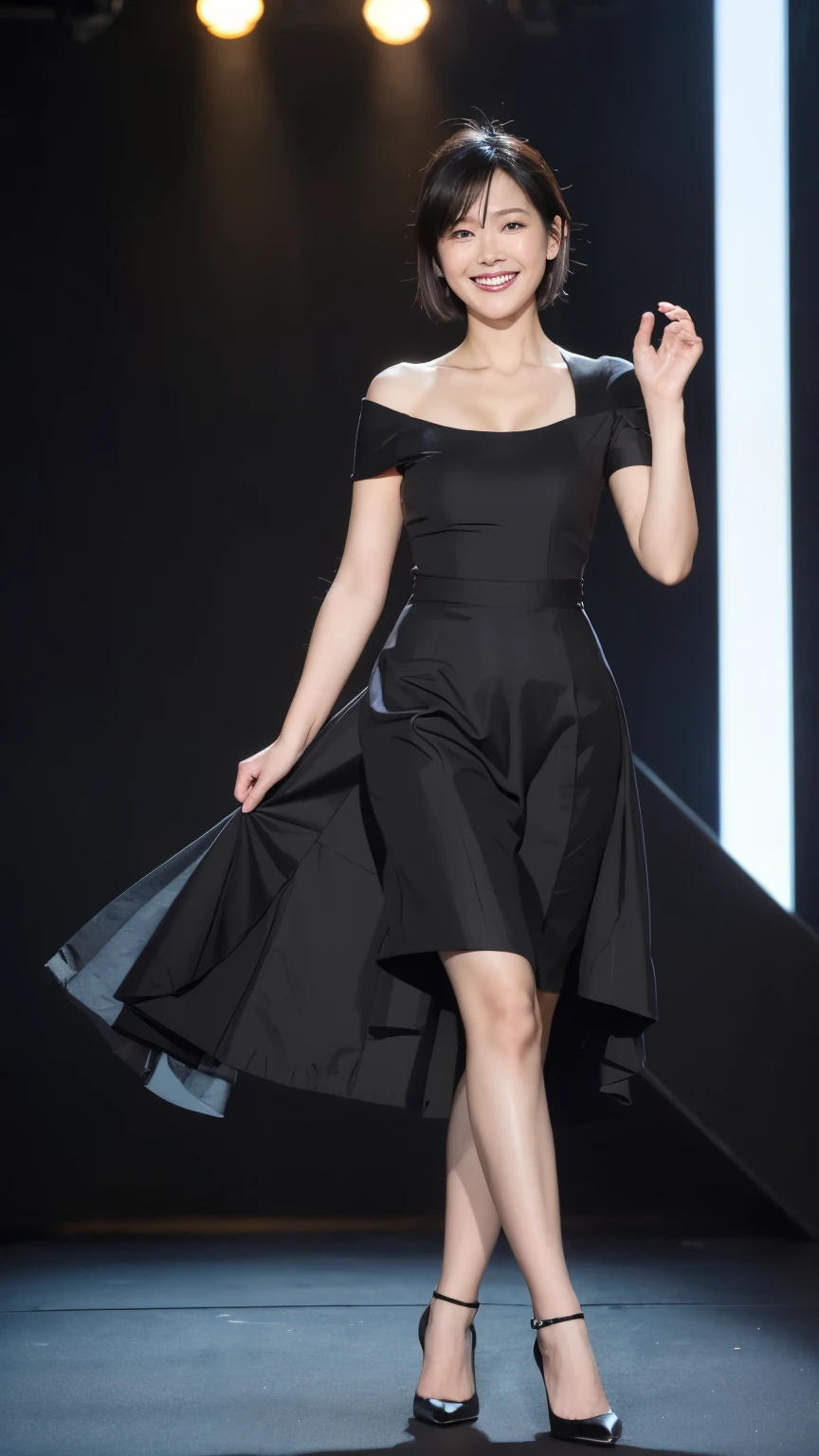 最high quality, In 8K, Masseter region, Vibrant, Sharp focus, high quality, High resolution, Detailed face, fine grain, Red lips, (Observe the audience), alone, Beautiful woman, 38 years old, (Very short black hair:1.3)、(Bob Hair)、(Standard body type)、(D cup breasts)、 Cleavage, , afternoon、(Full body photo:1.6)、(Italy、Milan、Fashion show runway:1.5),(Take the stage:1.5)、(Comme des Garçons、Chic black short sleeve dress:1.6)、(Black knee-length skirt:1.6)、pantyhose、(Black pumps:1.5)、(Smiling with teeth showing:1.6)、