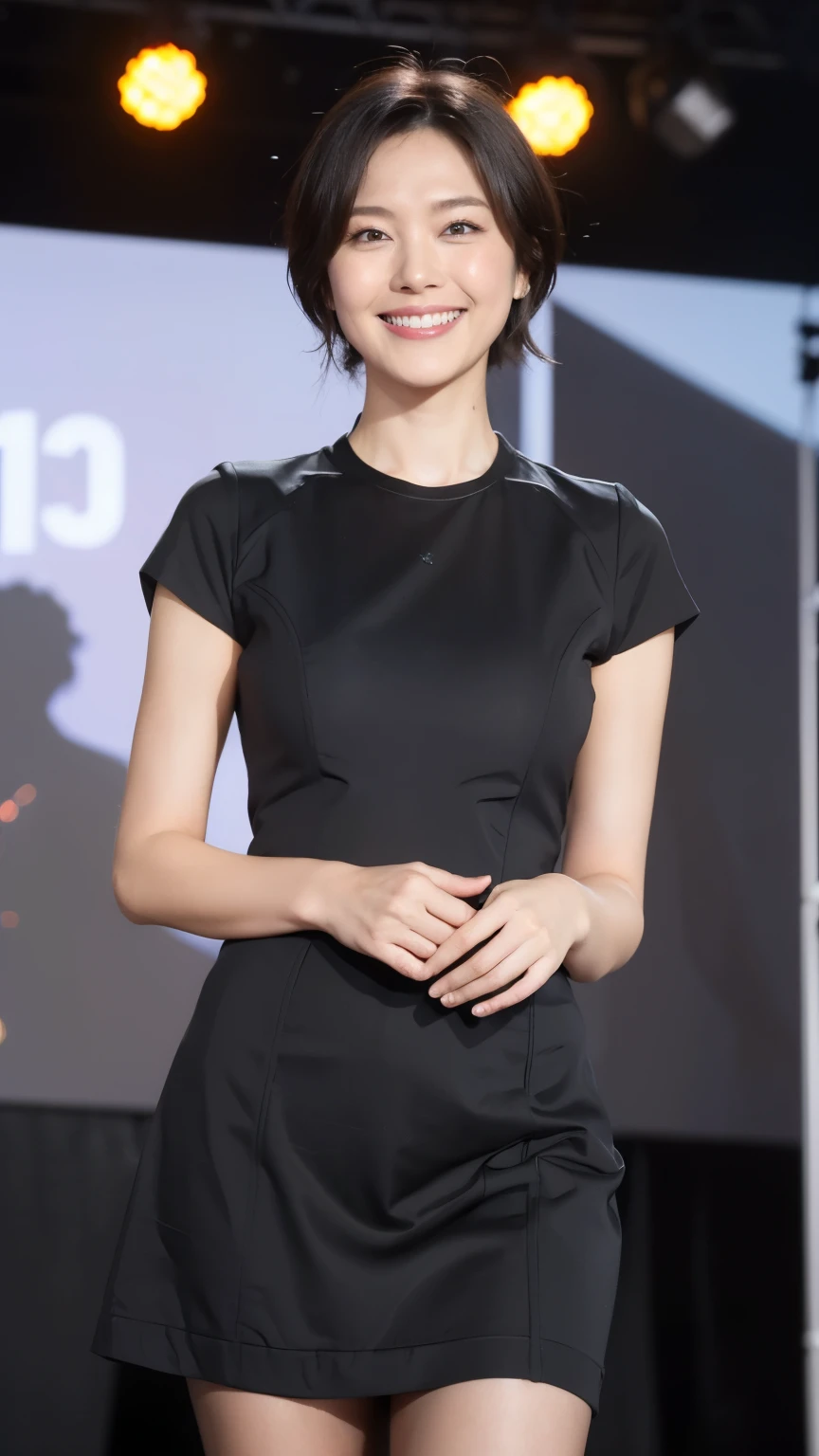 最high quality, In 8K, Masseter region, Vibrant, Sharp focus, high quality, High resolution, Detailed face, fine grain, Red lips, (Observe the audience), alone, Beautiful woman, 38 years old, (Very short black hair:1.3)、(Bob Hair)、(Standard body type)、(D cup breasts)、 Cleavage, , afternoon、(Full body photo:1.6)、(Italy、Milan、Fashion show runway:1.5),(Take the stage:1.5)、(Comme des Garçons、Chic black short sleeve dress:1.6)、(Black knee-length skirt:1.6)、pantyhose、(Black pumps:1.5)、(Smiling with teeth showing:1.6)、