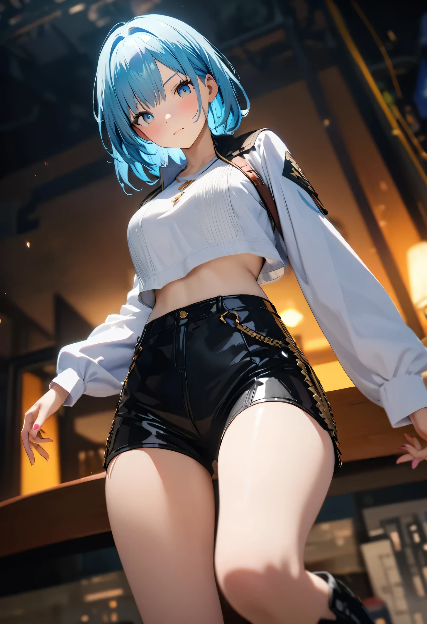 One girl, Deltamon_beta, alone, (RAW Photos: 1.2), ((realism: 1.4)) highest quality, masterpiece, figure, Very delicate and beautiful, High resolution, CG , Uniform , 8k wallpaper, wonderful, detailed, masterpiece, highest quality, Official Art, High resolution CG Unity 8k wallpaper, Absurd, High resolution, High resolution, High resolution, Beautiful girl with high quality, High resolution eyes and face, Beautiful fine details, Face Light, Movie Light, Cowboy Shot,
break (Eye highlight), score_9, score_8_superior, score_7_superior, (I made excuses._skin:1.3), Eyes Wide Open,
break One girl, Brilliant performance: Sequined crop top paired with high-waisted leather shorts and knee-high boots.,