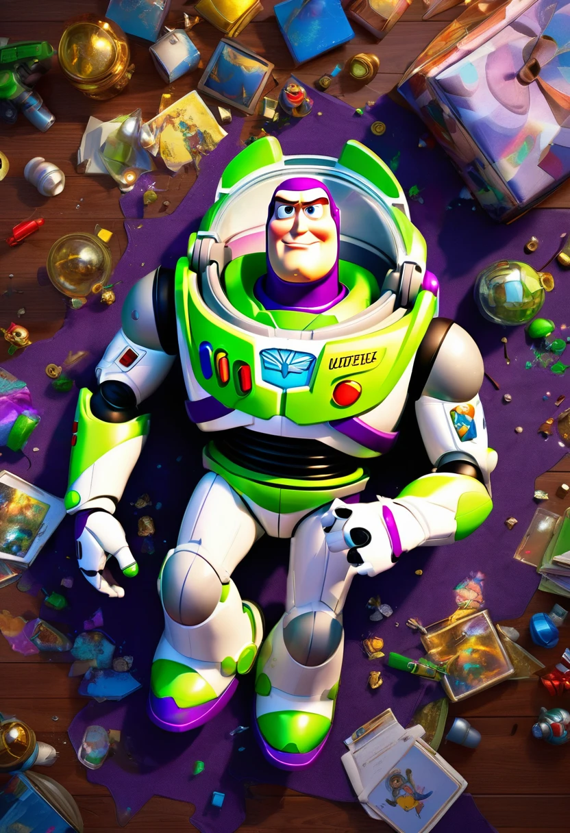 Buzz Lightyear, Buzz Lightyear broken in multiple pieces lies on the floor,view from above,shocked face expression,masterpiece, head and shoulders portrait, 8k resolution concept art portrait by Greg Rutkowski, Artgerm, WLOP, Alphonse Mucha dynamic lighting hyperdetailed intricately detailed Splash art trending on Artstation triadic colors Unreal Engine 5 volumetric lighting