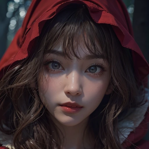 Standing in the forest、Hair flow、 ((highest quality、masterpiece、8k、Best image quality、Ultra-high resolution、Award-winning works)、(Accurate anatomy:1.1)、(Look at me and smile:1.1)、Shining fair skin with Ultra-high resolution、The most detailed face、Ultra-high resolution detailed face、Ultra-high resolutionの髪の毛、(Ultra-high resolution eye:1.1)、Beautiful face drawn in every detail、little red riding hood　Costume , Chest to chest,  Strange atmosphere, A real werewolf stares at her.., Dark Light, in the forest , Heavy makeup 