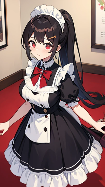 adulto, Cabello negro ondulado, mirada penetrante con ojos profundos de color rojo, estatura promedio, Silky hair with a ponytail hairstyle collected with a red bow with two white lines, tiene pechos grandes, primer plano, session, standing in the middle of his room [[[[Maid]]] , Sonrojada, muslos grandes, maid